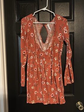 Floral Long-Sleeve V-Neck Mini Dress - Rust